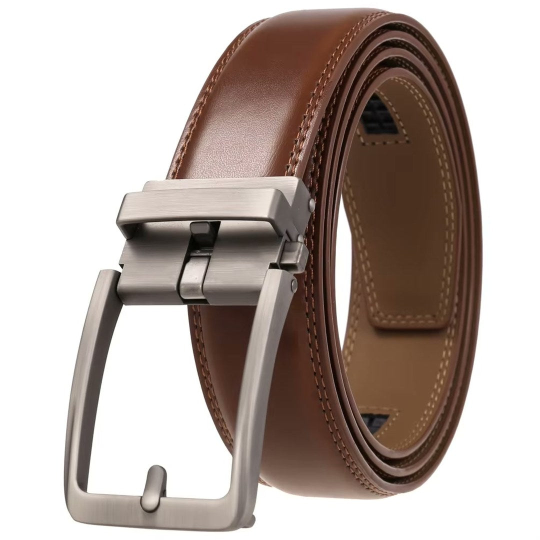 Ceinture automatique Olyn brune, boucle à cadre en métal brossé, doublure fauve