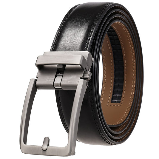 Ceinture automatique Olyn noire, boucle à cadre en métal brossé, sangle doublée fauve