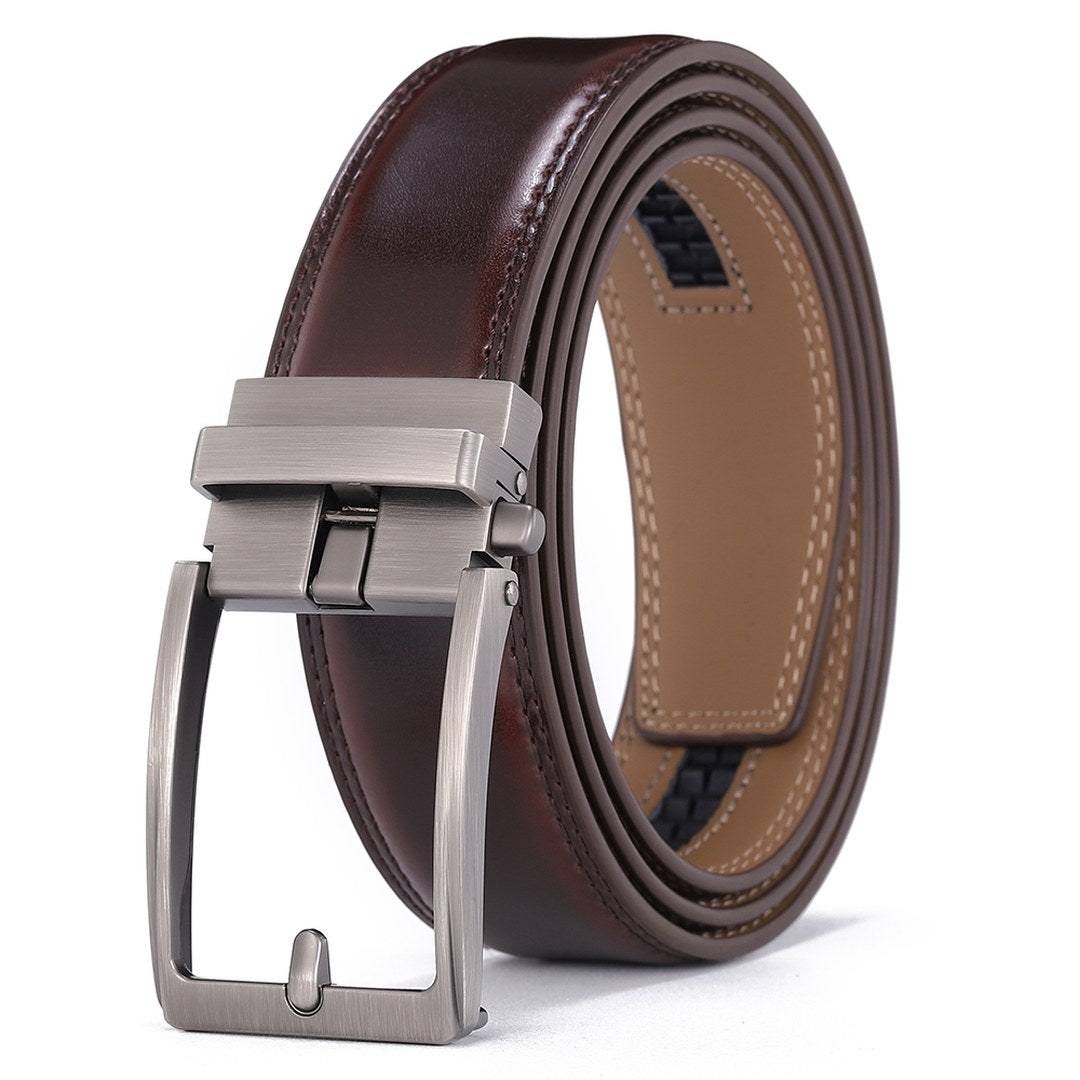 Ceinture automatique Olyn brun foncé, boucle à cadre en métal brossé, doublure fauve