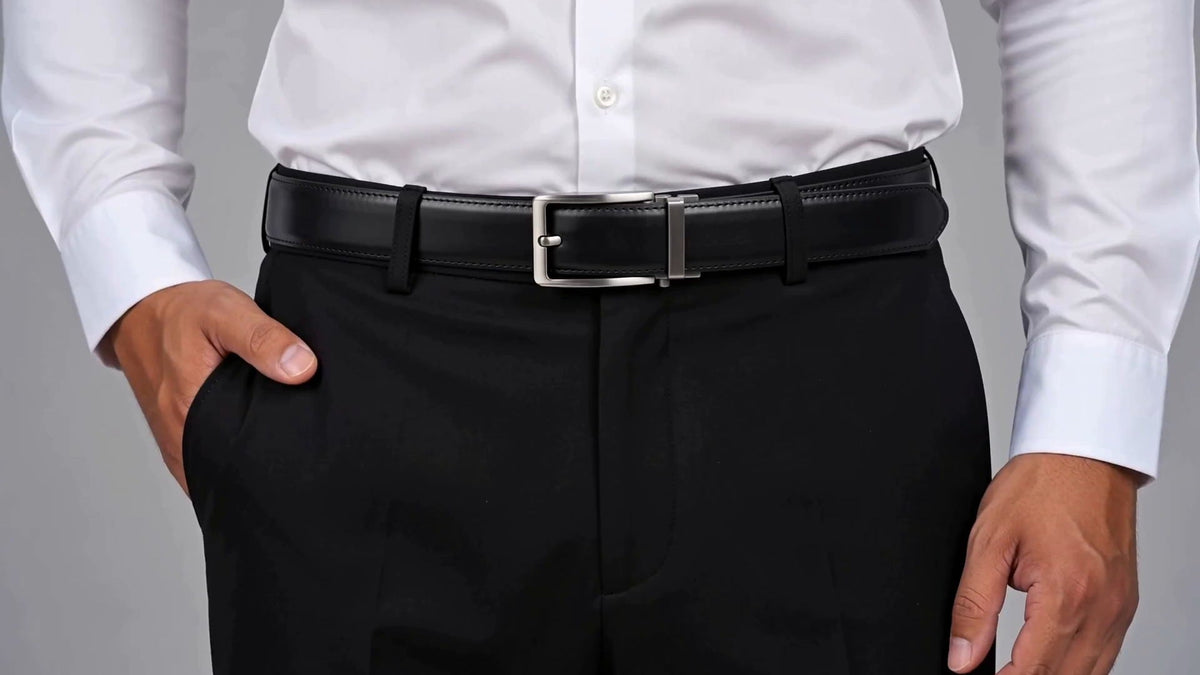 Homme en chemise blanche et pantalon noir portant la ceinture Olyn noire à boucle en métal brossé